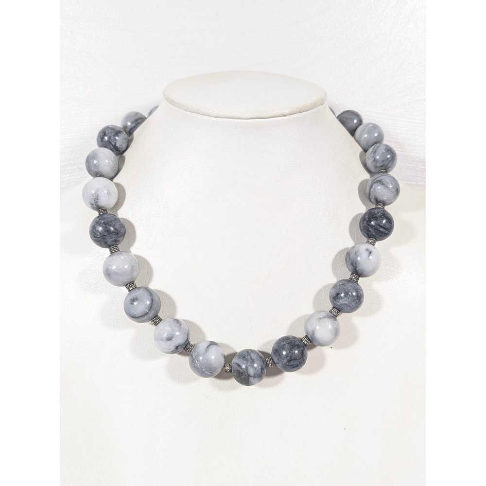Heavy Gray Black Stone Beaded Statement Necklace 21 Inch Chunky Natural Jewelry